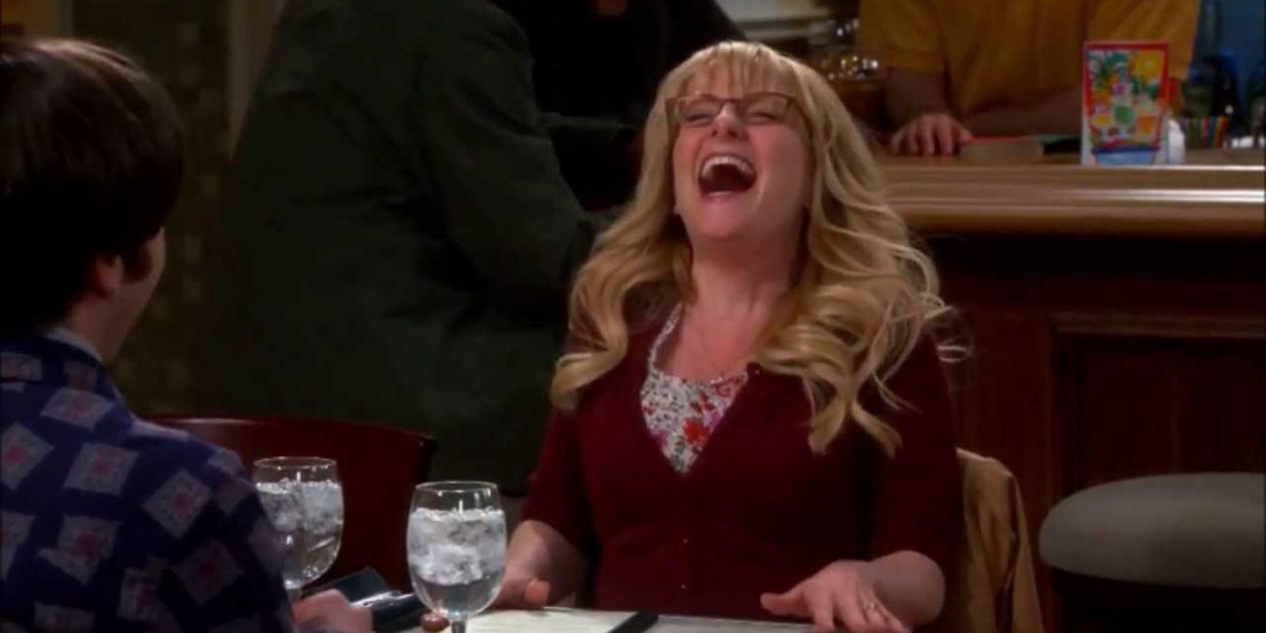 Bernadette laughing at the Cheesecake Factory on The Big Bang Theory