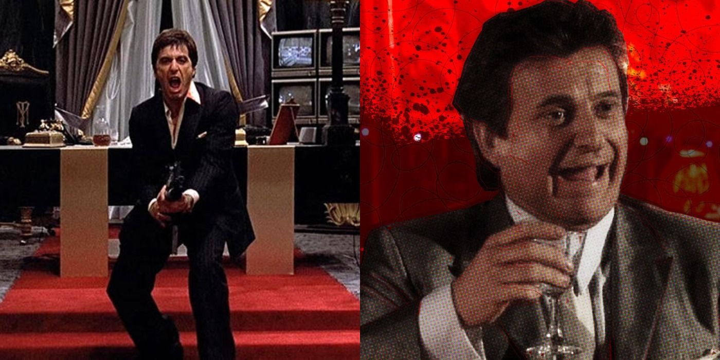 Split image showing Tony Montano shooting at enemies in Scarface and Tommy DeVito making a joke in Goodfellas