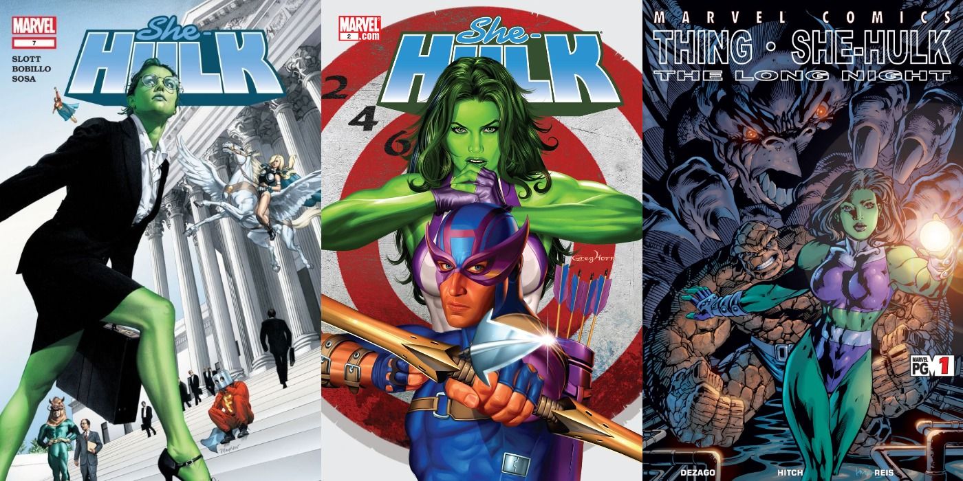 Split image of comic book covers of She-Hulk 7, She-Hulk 2, and The Thing And She-Hulk: The Long Night.