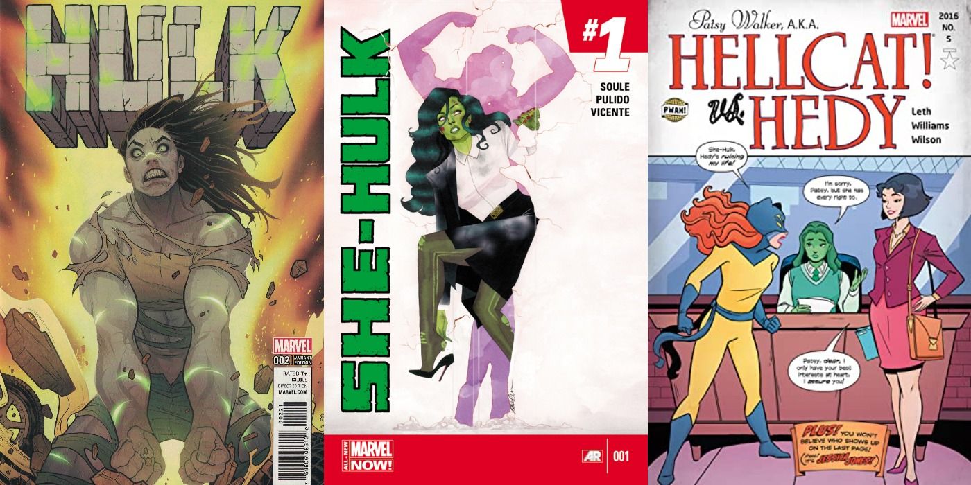 Split image of Hulk 6, She Hulk 1, and Patsy Walka AKA Hellcat 5 comics.