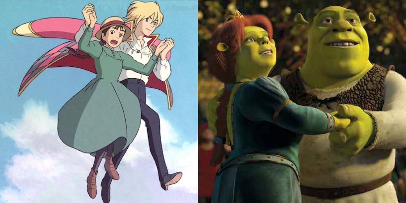 Split image of Howl and Sophie and Shrek and Fiona