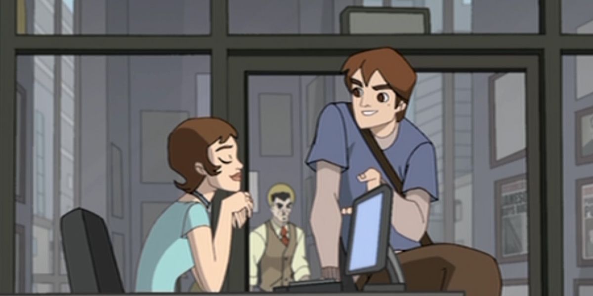 Betty Brant and Peter Parker talking at her desk in Spectacular Spider-Man