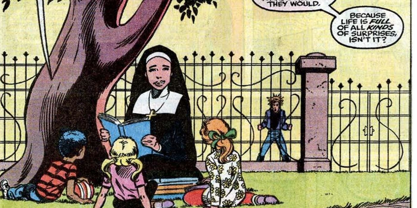 Betty Ross as a nun, reading a book to children in a park in a Hulk comic panel