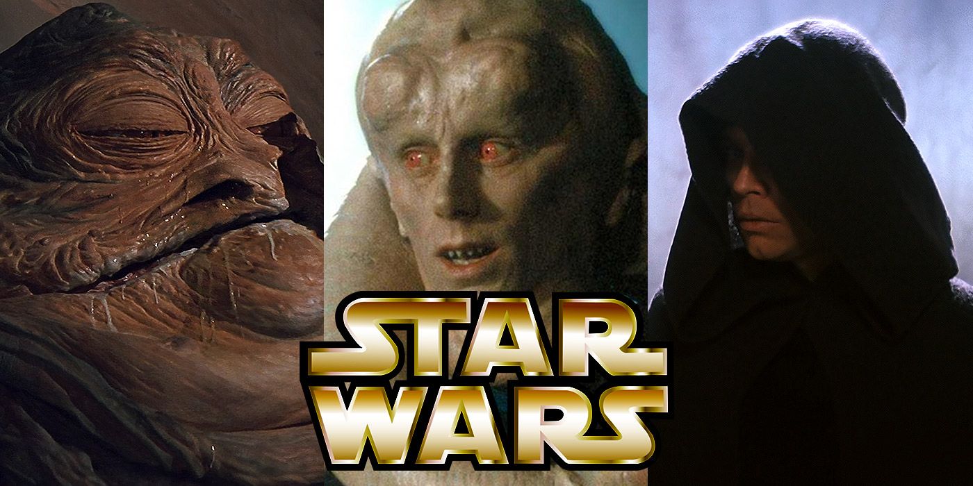 Split image of Jabba the Hutt, Bib Fortuna and Luke Skywalker from Star Wars