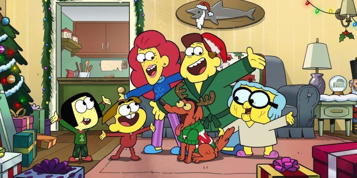 The Greens comemorando o Natal em sua sala de estar em Big City Greens