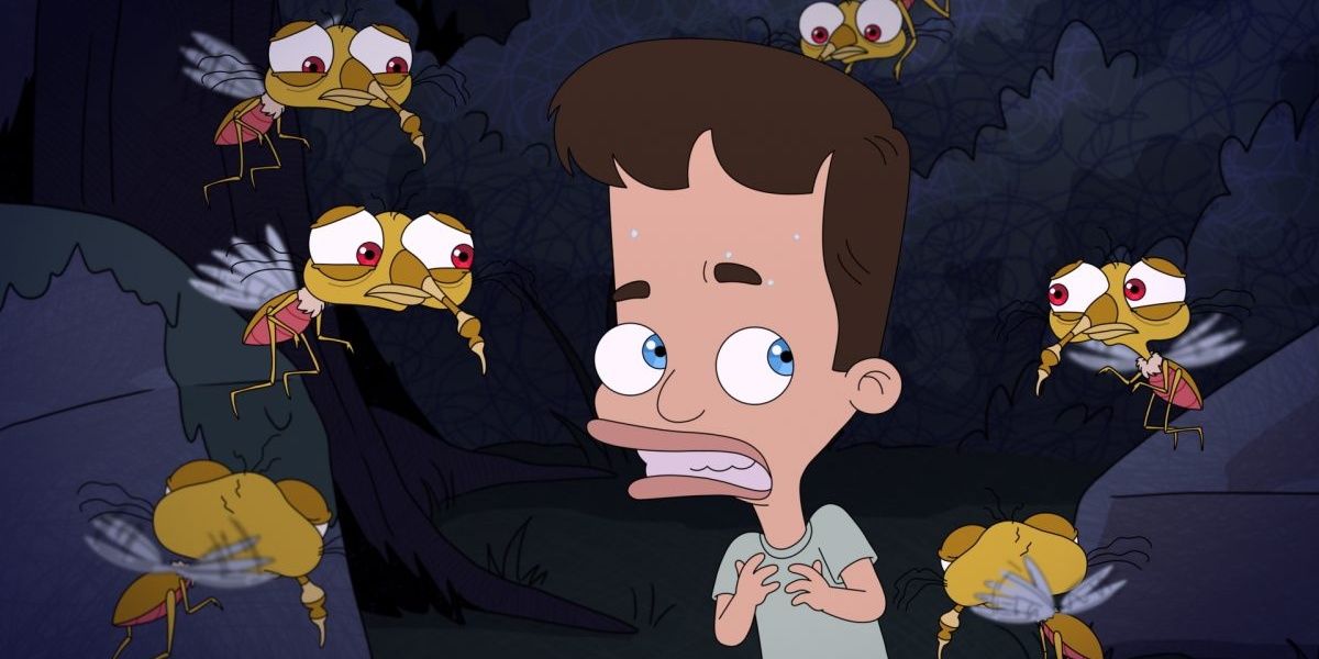 Nick looks anxious surrounded by mosquitos on Big Mouth