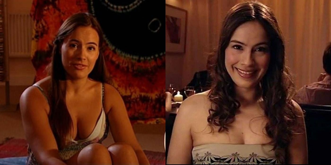 Split image: Two imaages of Big Suze smiling in Peep Show.