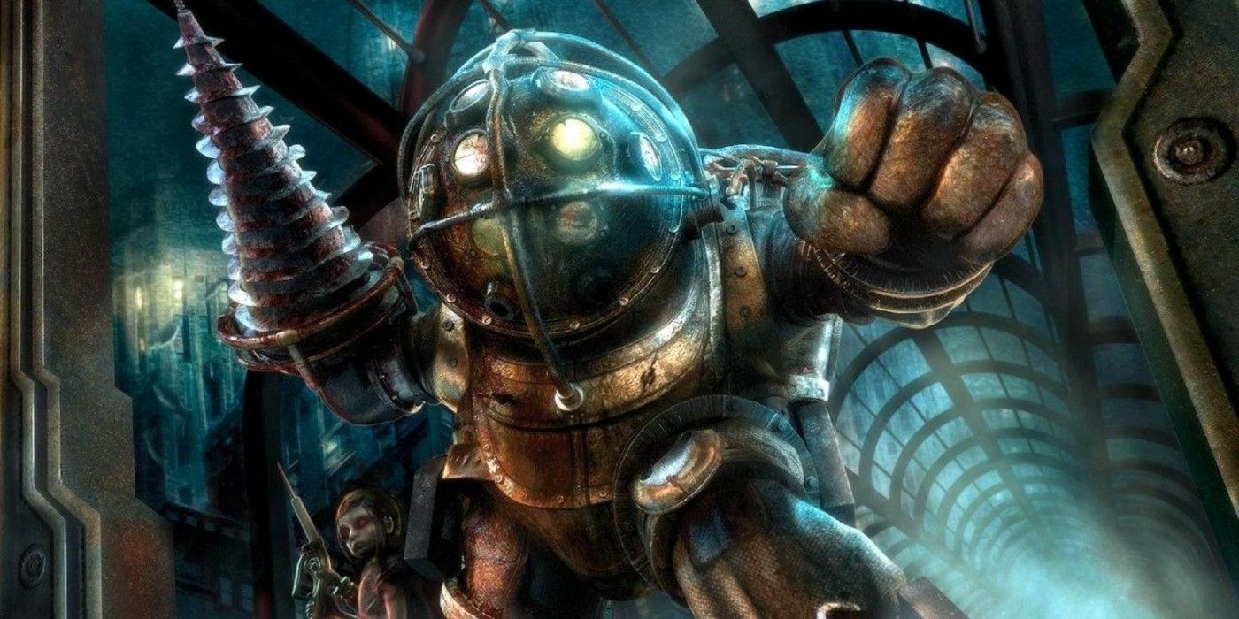 Big Daddy looms with his drill arm poised from Bioshock