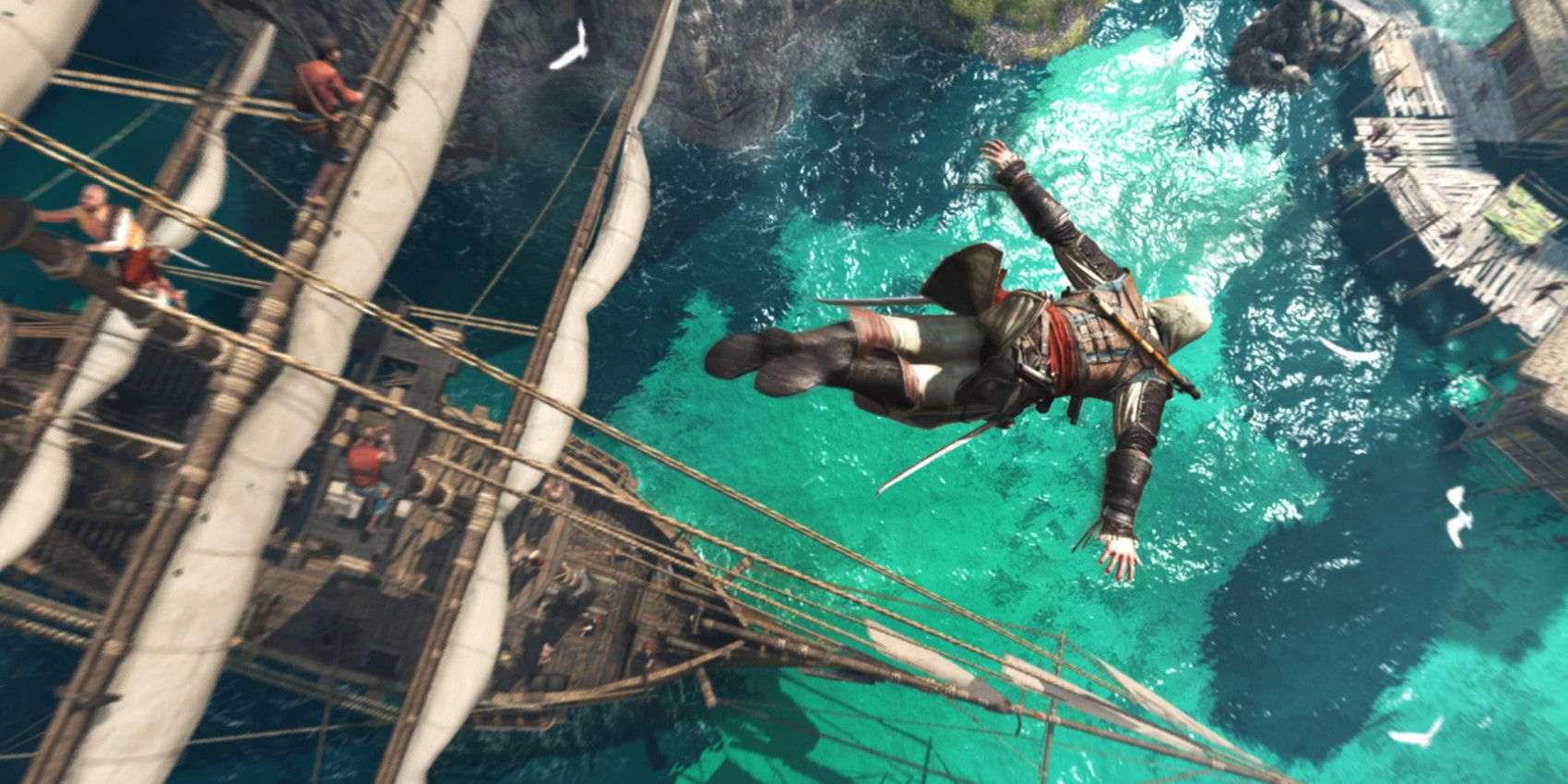 Edward dives from a ship into the ocean in Assassin's Creed Black Flag