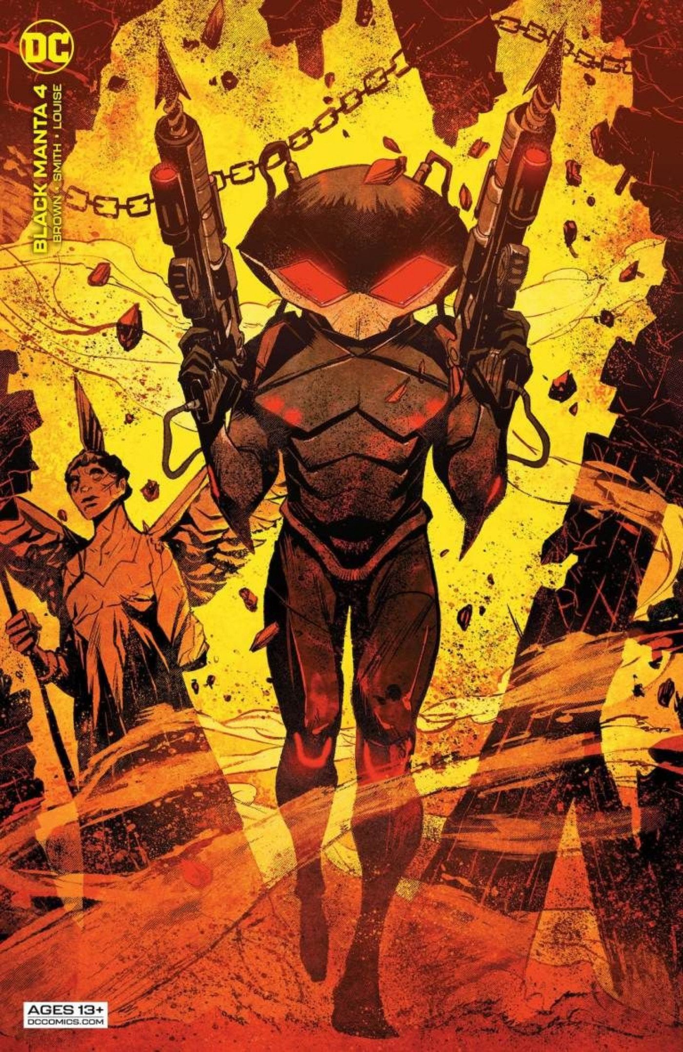 Black Manta variant cover, showing him coming at the reader, both guns ready