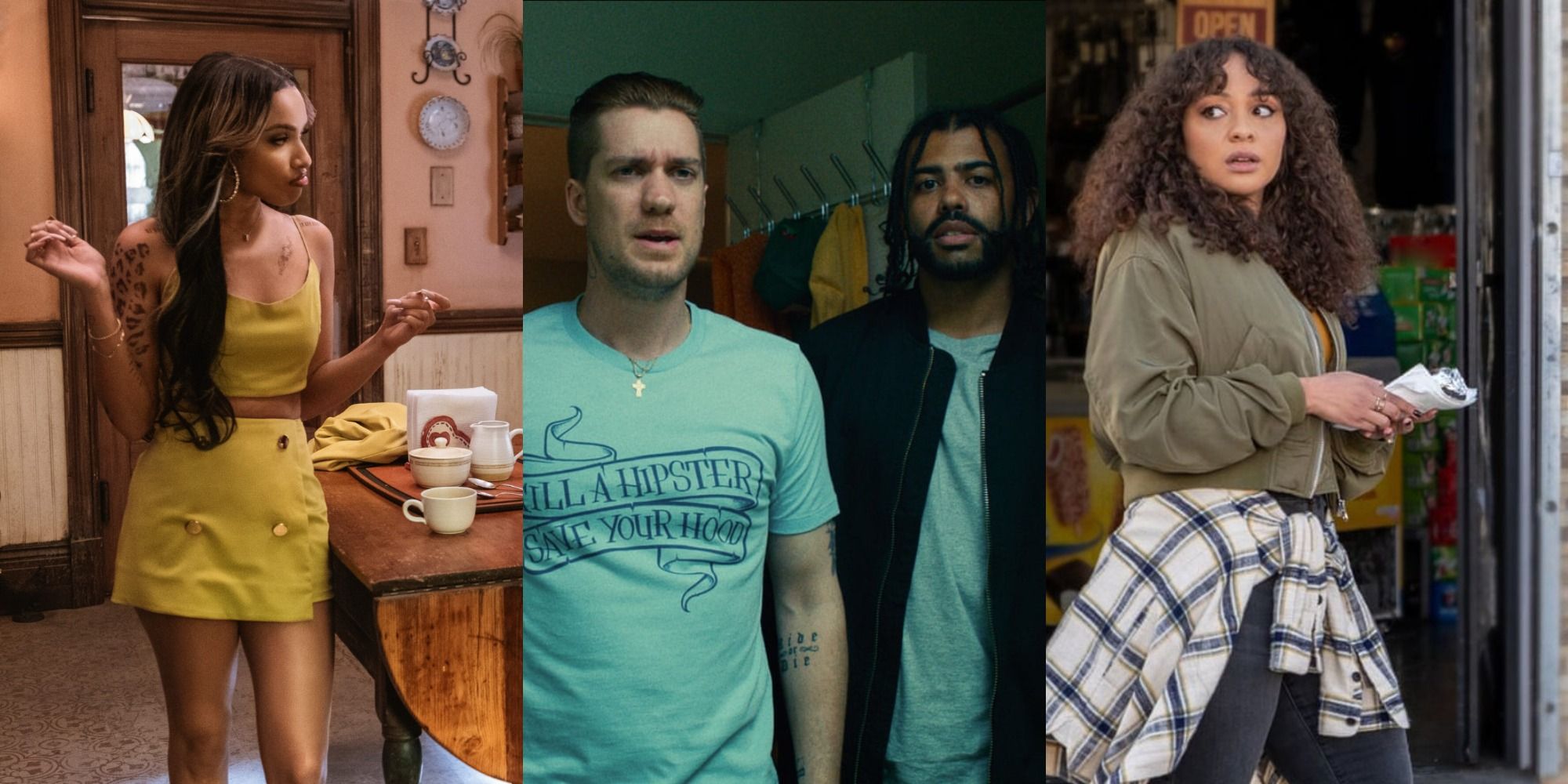 Split image of Ashley, Miles and Collin, and Trish from Blindspotting
