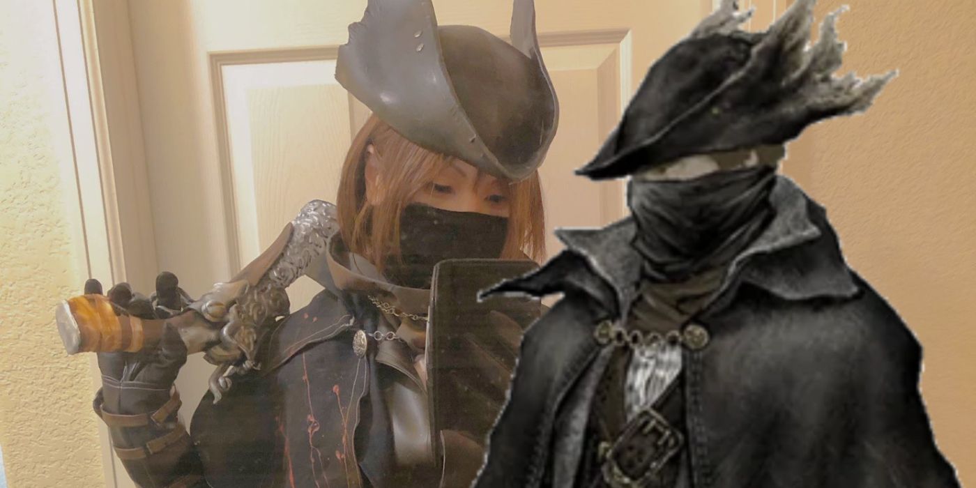 Bloodborne cosplay includes Saw Cleaver and Hunter hat
