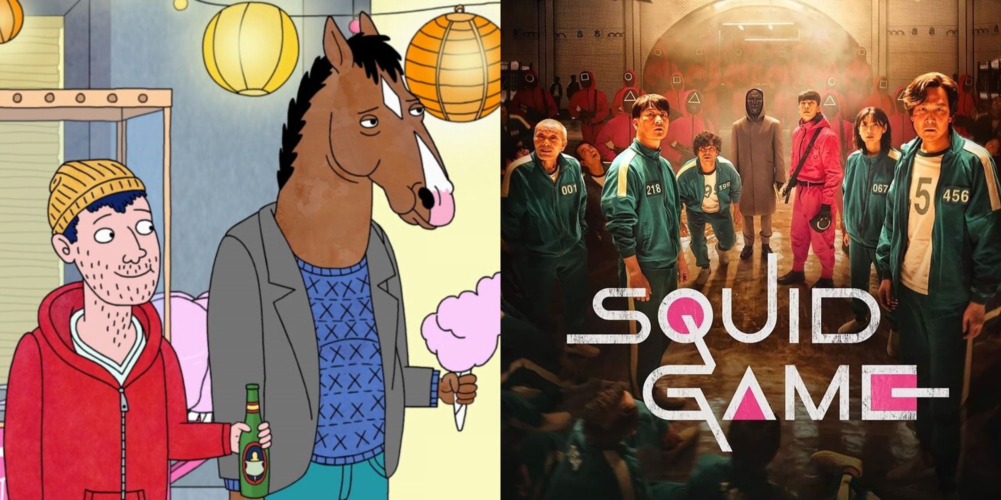 Split image showing Bojack Horseman and Todd Chavez and a poster for Squid Game