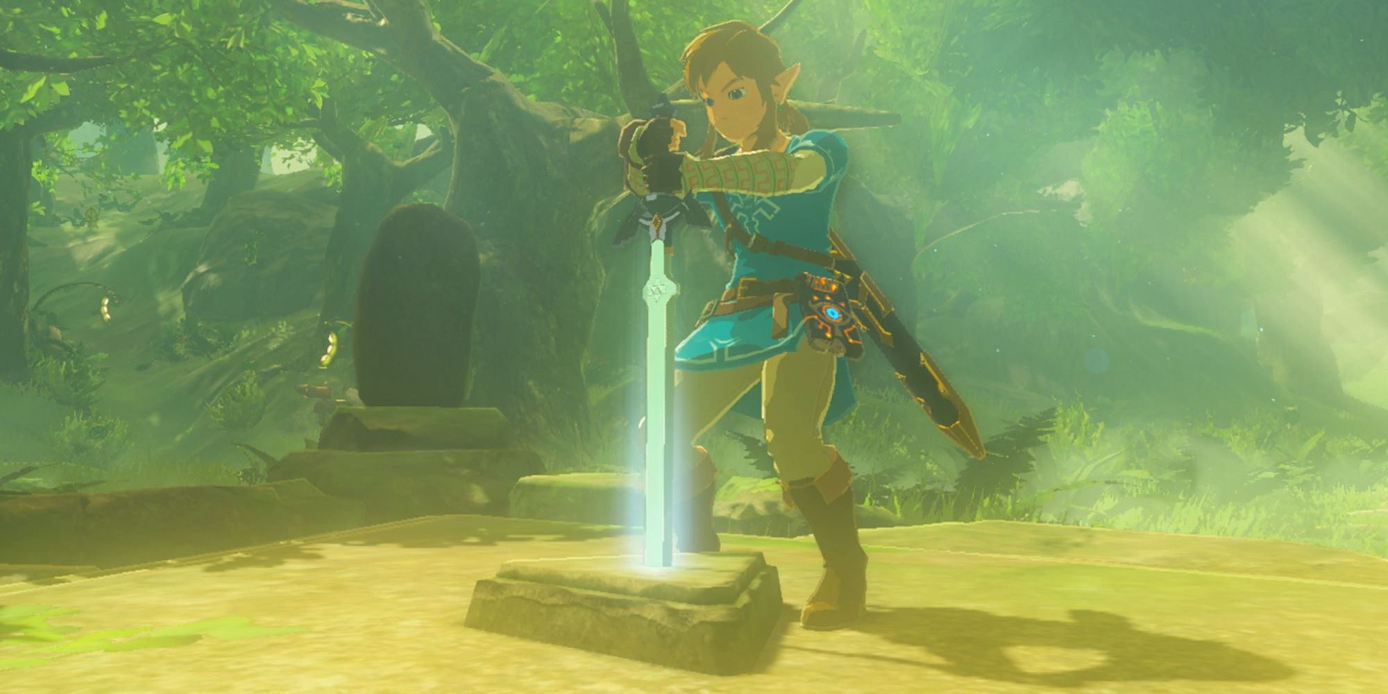 Link pulling the Master Sword from a stone in Legend of Zelda: Breath of the Wild