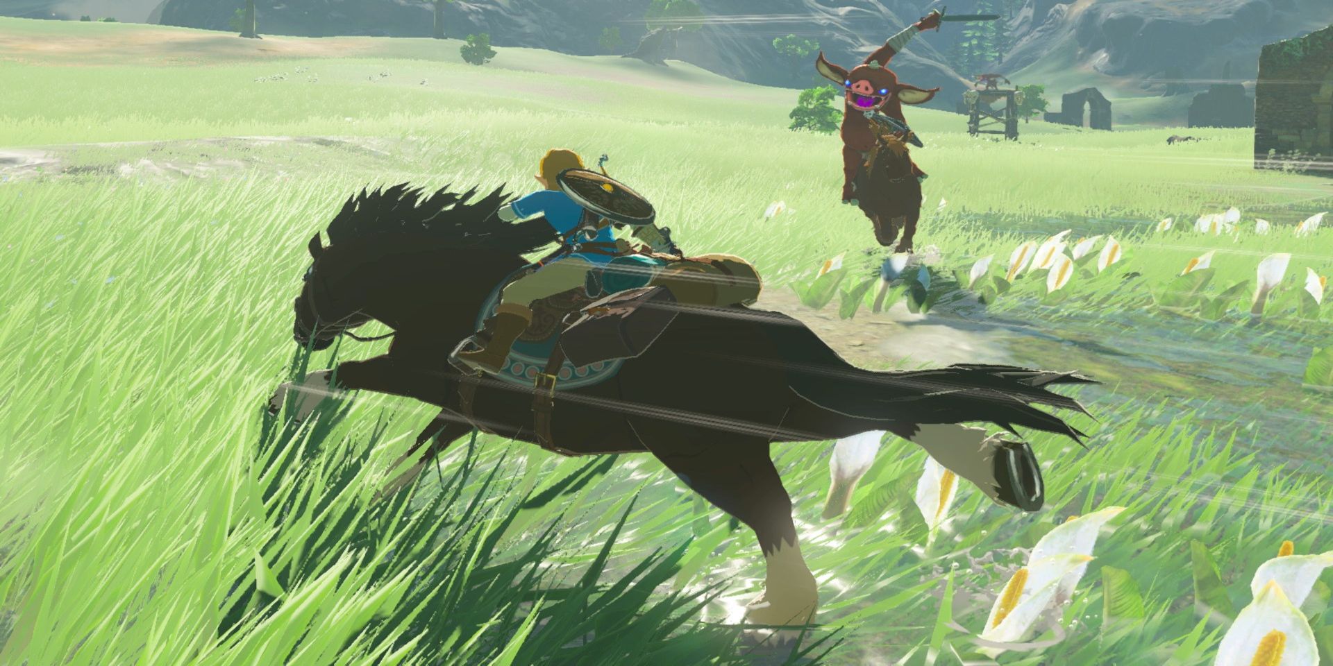 Link on horseback in The Legend of Zelda Breath of the Wild.
