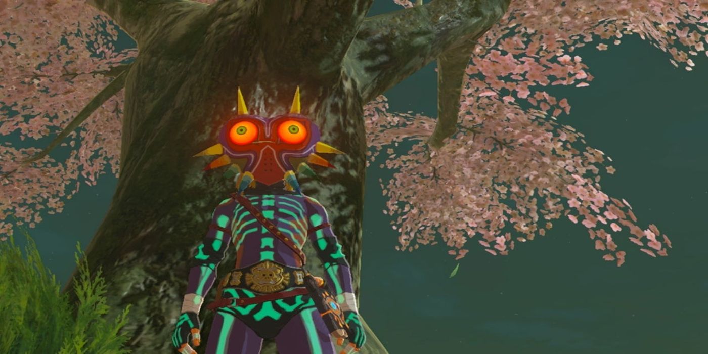 Link wearing Majora's Mask in The Legend of Zelda: Breath of the Wild.