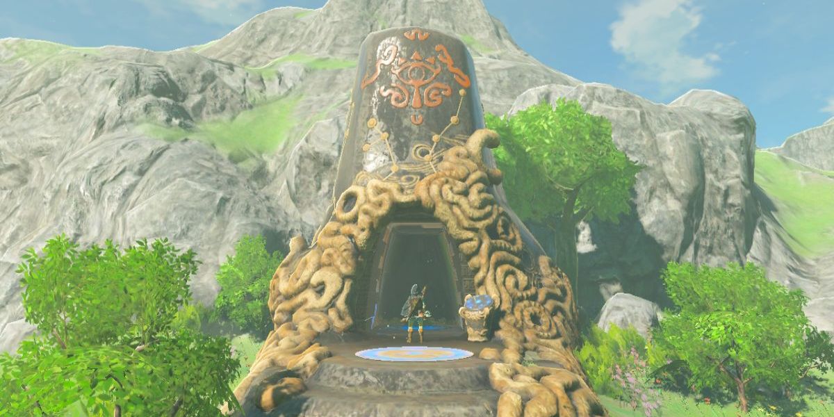 Link standing by a shrine in The Legend of Zelda Breath of the Wild.