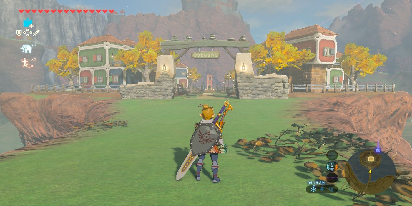 A screenshot of Link standing in front of Tarry Town in The Legend of Zelda Breath of the Wild.