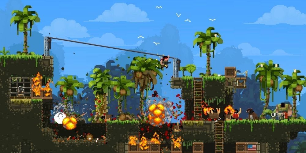 Rambo shoots his way through a jungle level in Broforce