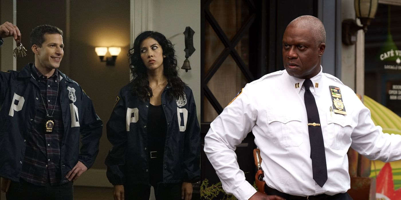 Split image of Jake and Rosa and Captain Holt looking serious on Brooklyn Nine-Nine