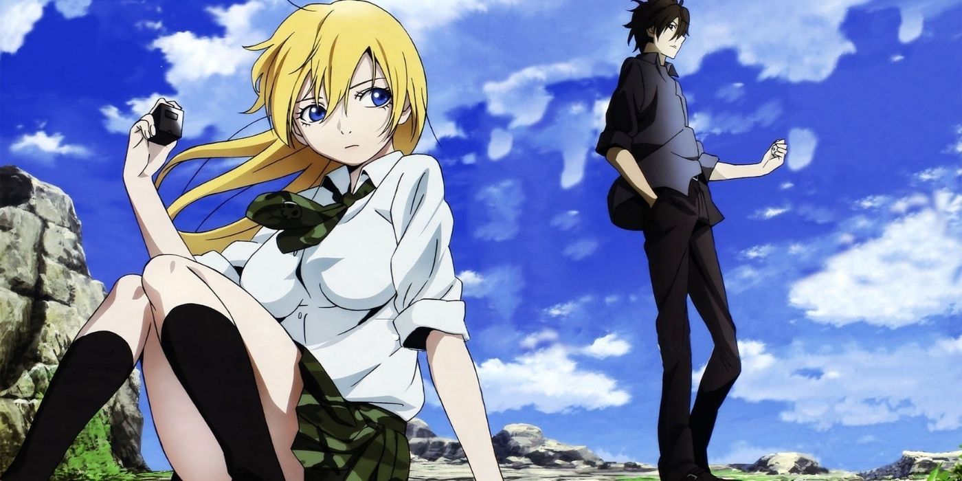 A young girl gives side eye to a young man standing behind her in Btooom!