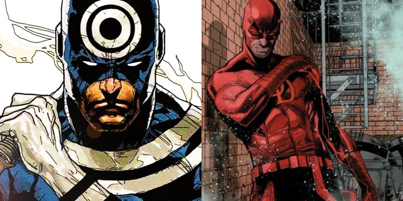 Split image of Bullseye holding a knife and a wounded Daredevil leaning against a building