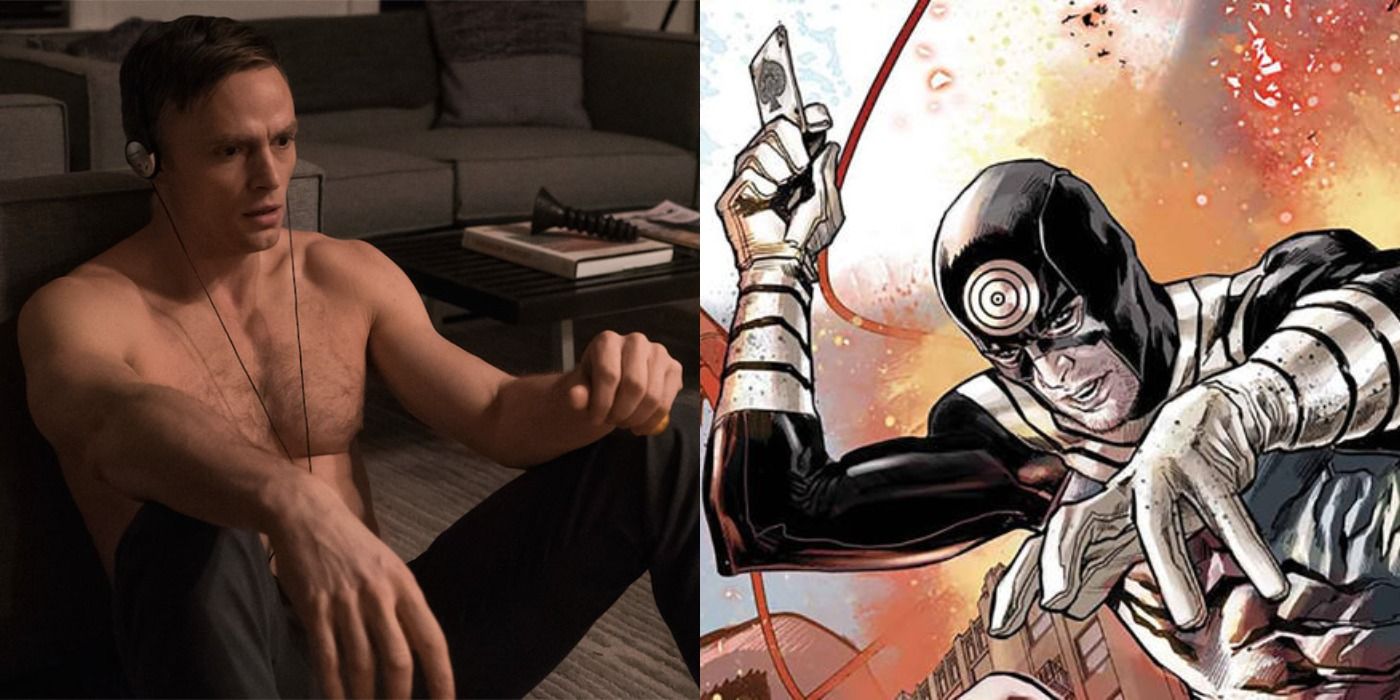 Split image of Poindexter trying to calm himself down with audio tapes and Bullseye aiming a playing card in the comics