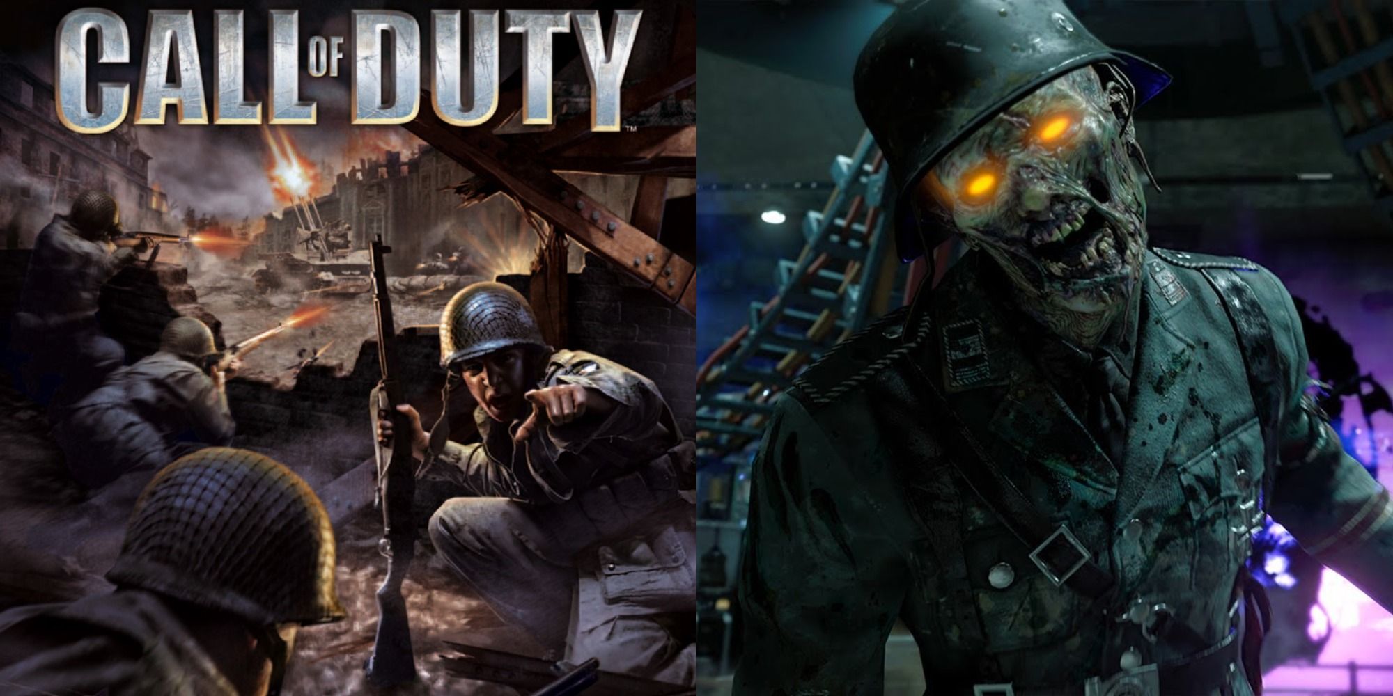Split image showing the cover for the first Call of Duty, and a zombie