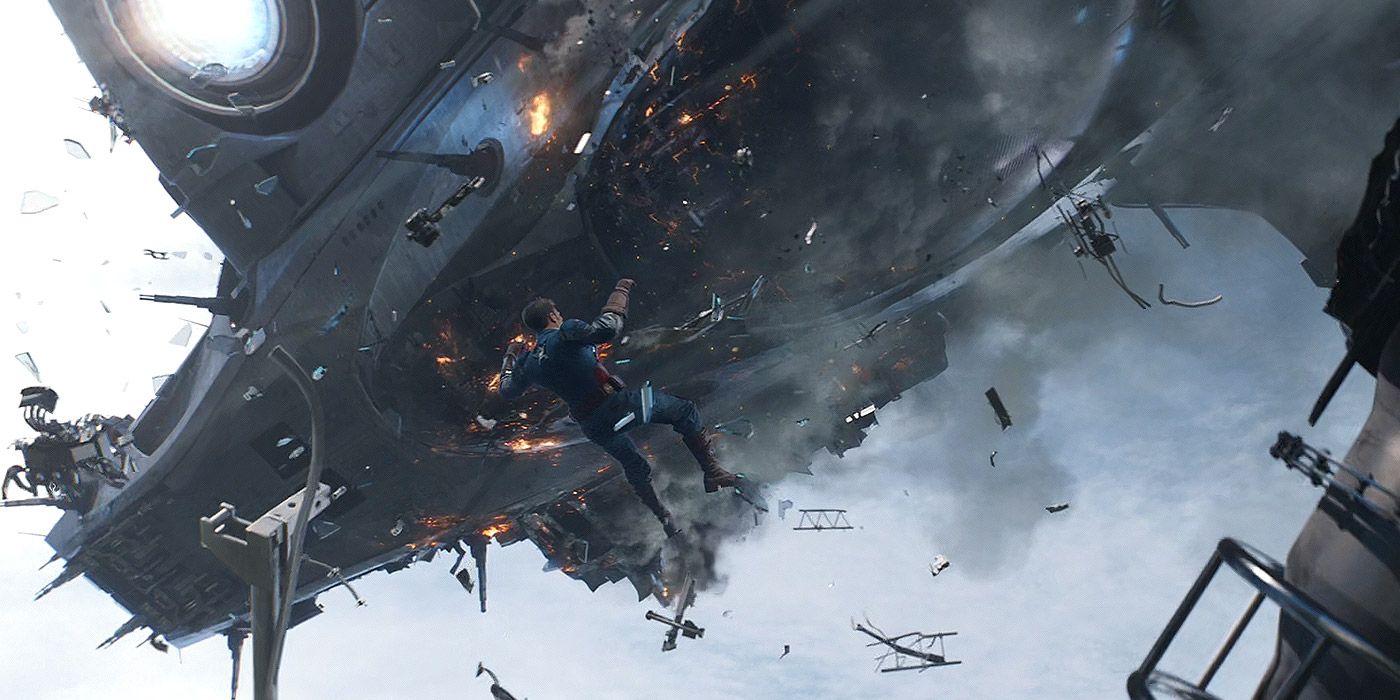 Captain America falling from an exploding Helicarrier in Captain America: The Winter Soldier
