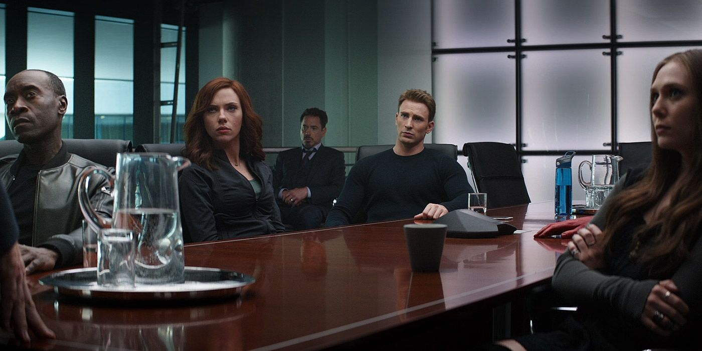 The Avengers in a meeting in Captain America: Civil War