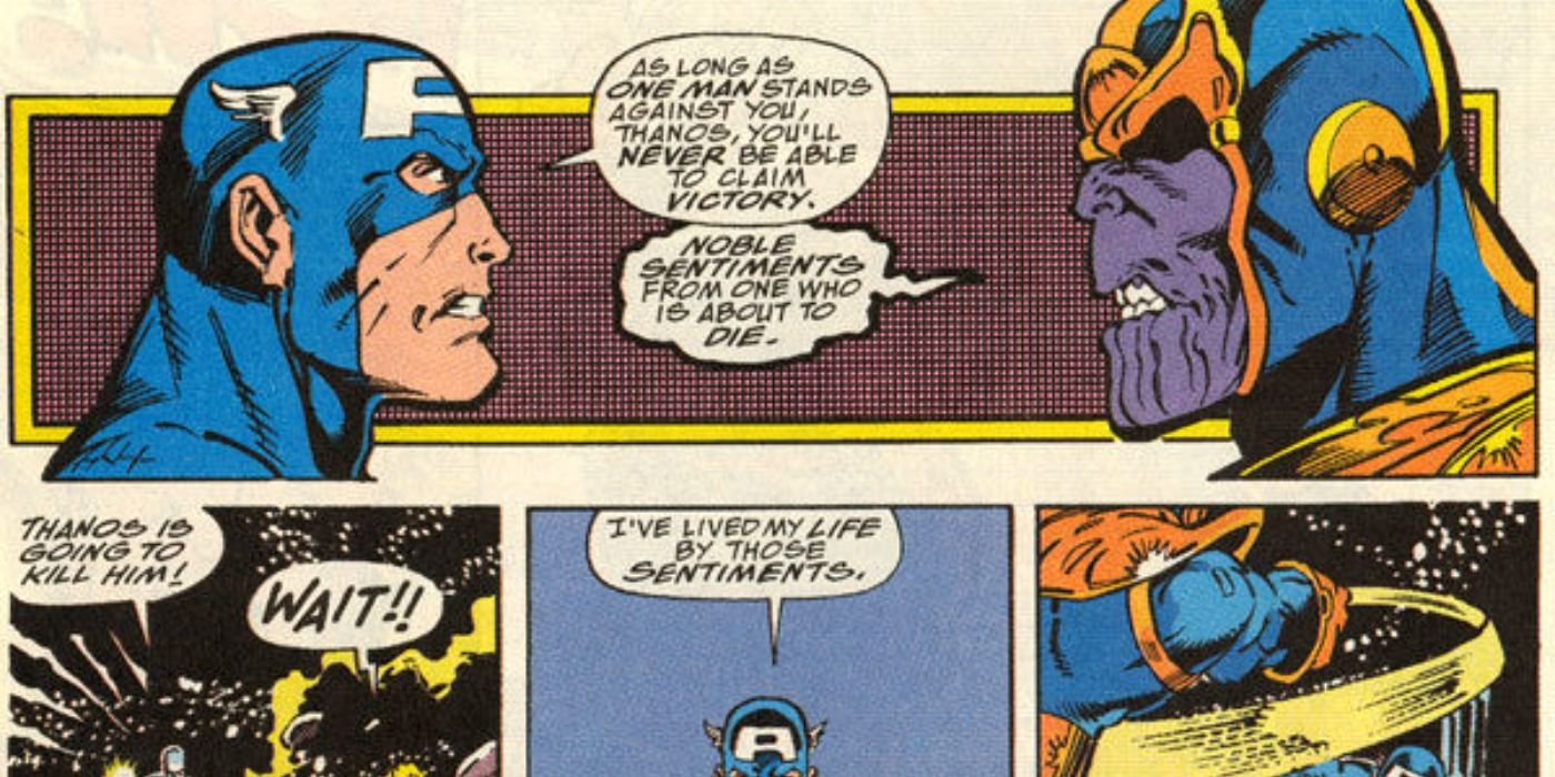 Captain America faces off against Thanos in Marvel Comics.