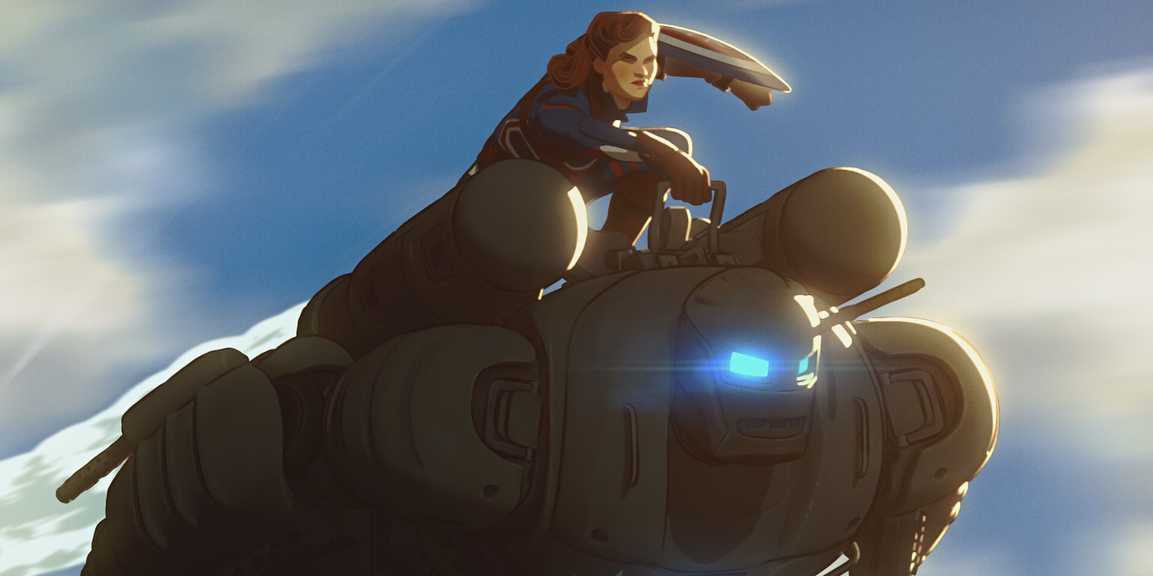 Captain Carter rides on the Hydra Stomper's back in What If