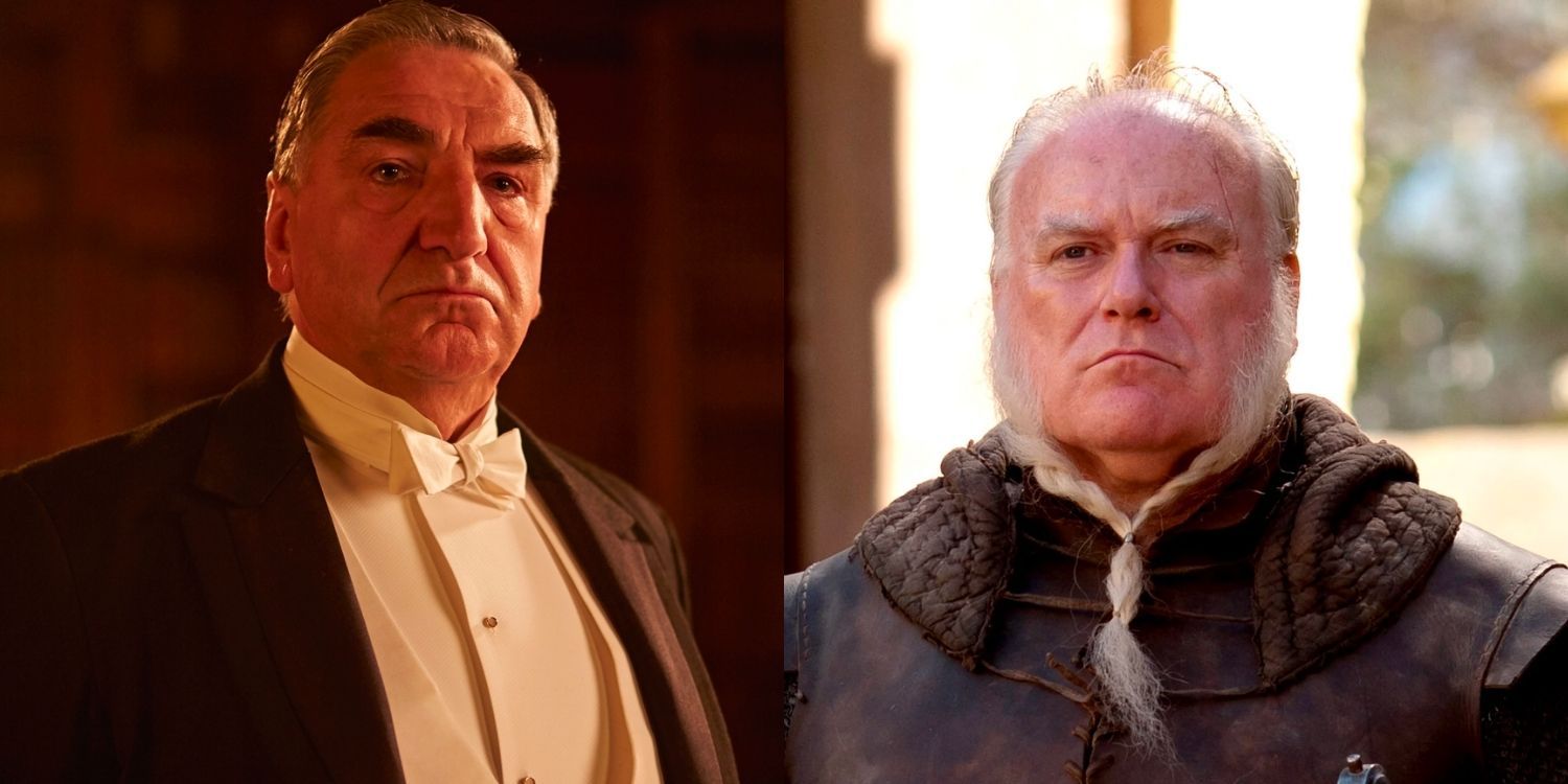 Carson looking serious in a suit in Downton Abbey and Roderick Cassel looking serious with a braided beard in Game of Thrones
