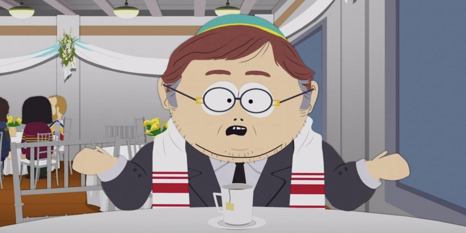 Cartman as an adult sitting on a table with a cup of tea in South Park: Post Covid.