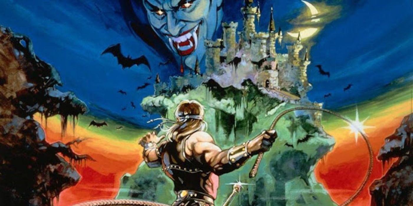 Early Castlevania promo art of Simon looking up to Dracula's castle