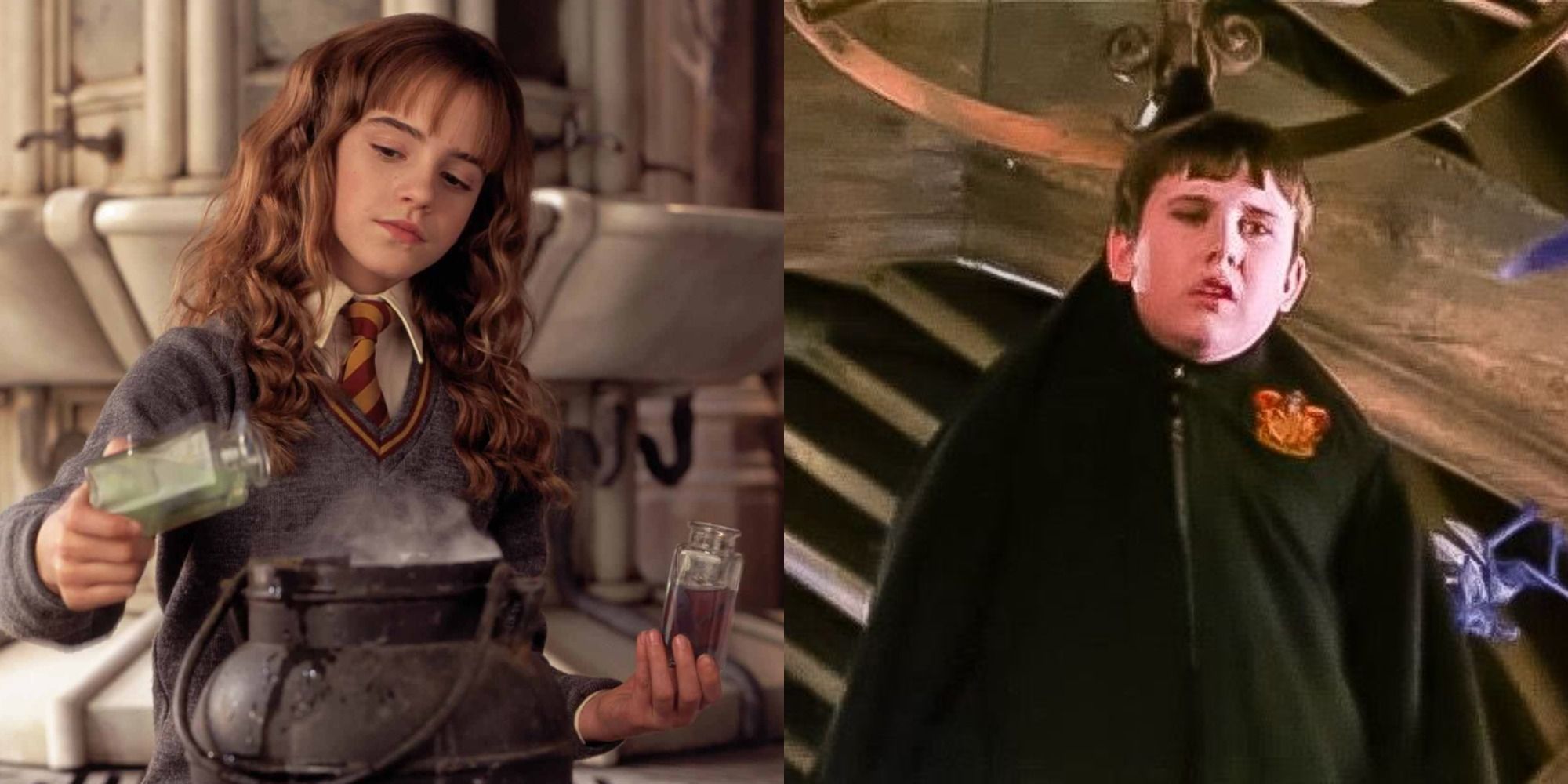 Split image of Hermione brewing Polyjuice Potion and Neville hanging by his robe