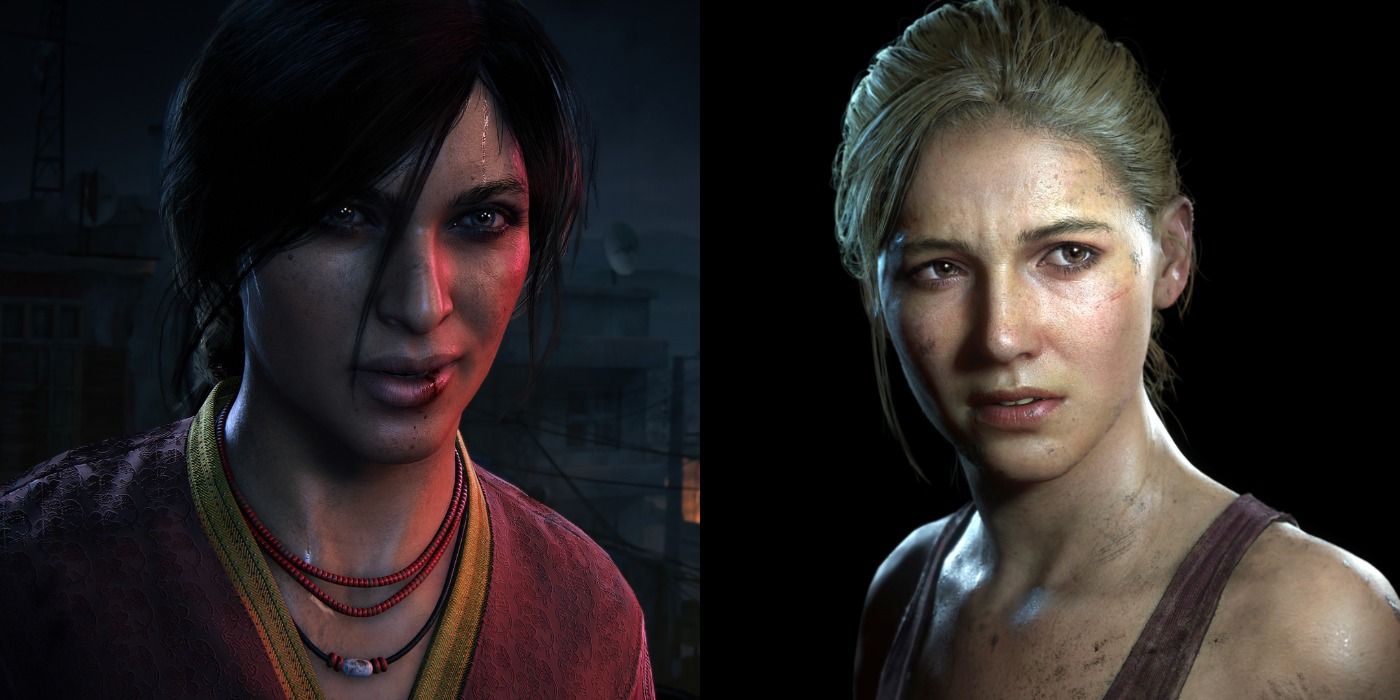 Split image of Chloe under the night sky of India in The Lost Legacy and character model portrait of Elena Fisher
