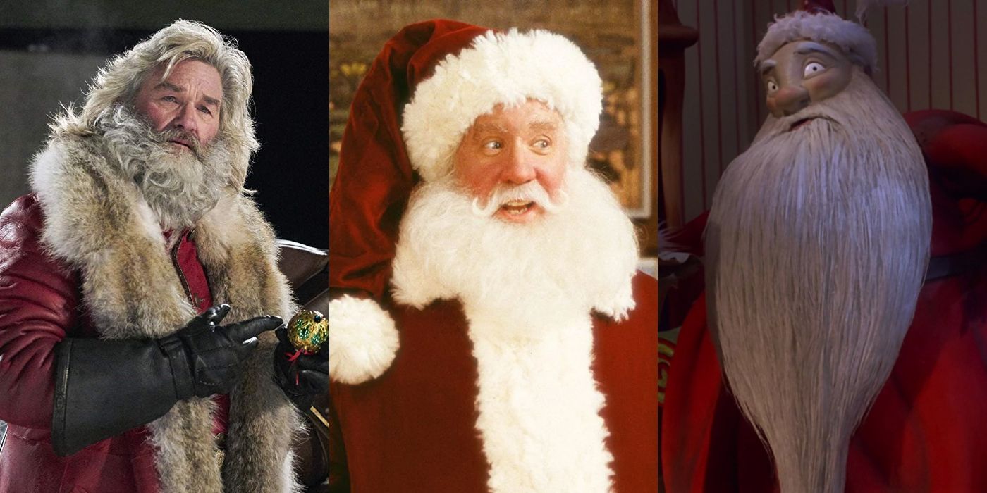 Collage of Santas from The Christmas Chronicles, Santa Clause, and The Nightmare Before Christmas