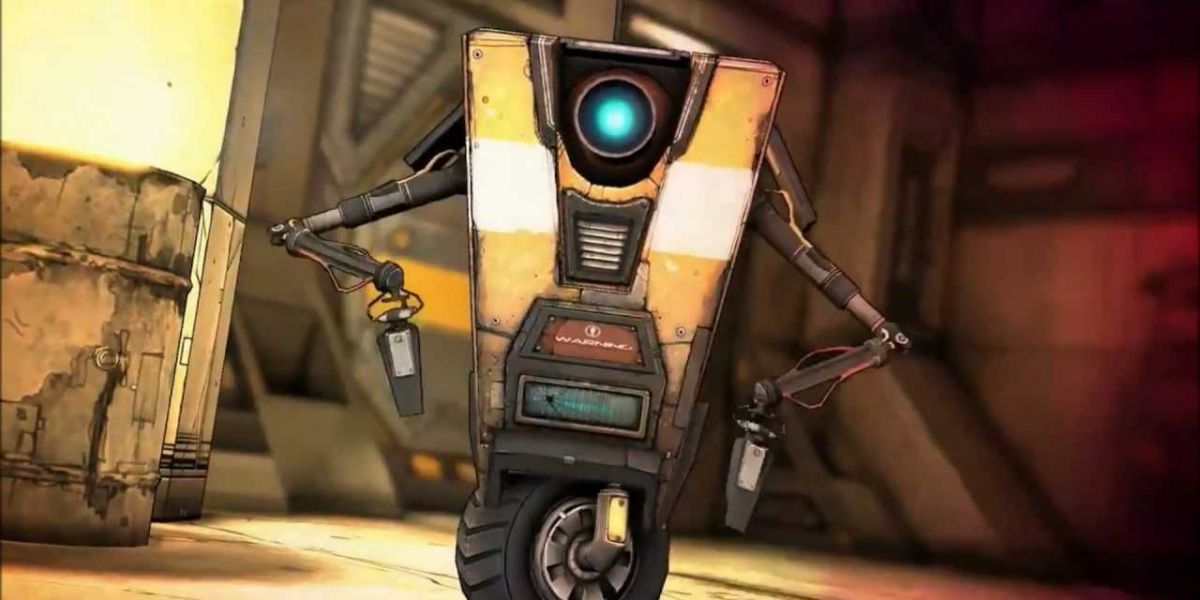 An image of Claptrap while wheeling through the city in Borderlands 3