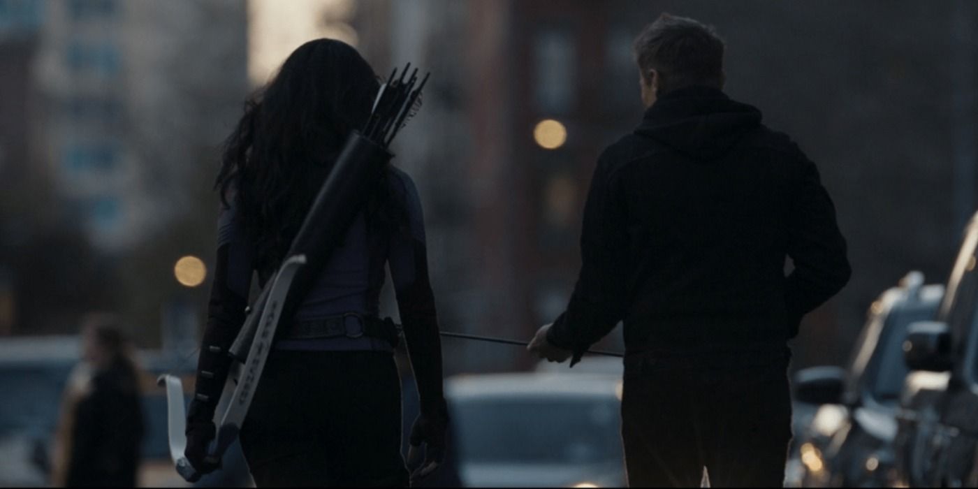 Clint Barton passes arrow to Kate Bishop in Hawkeye series.