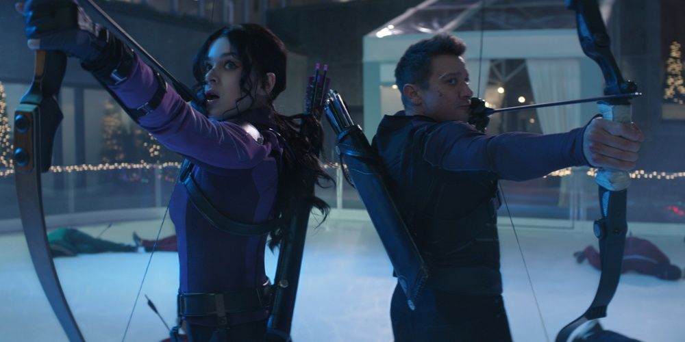 Clint and Kate point their arrows in Hawkeye