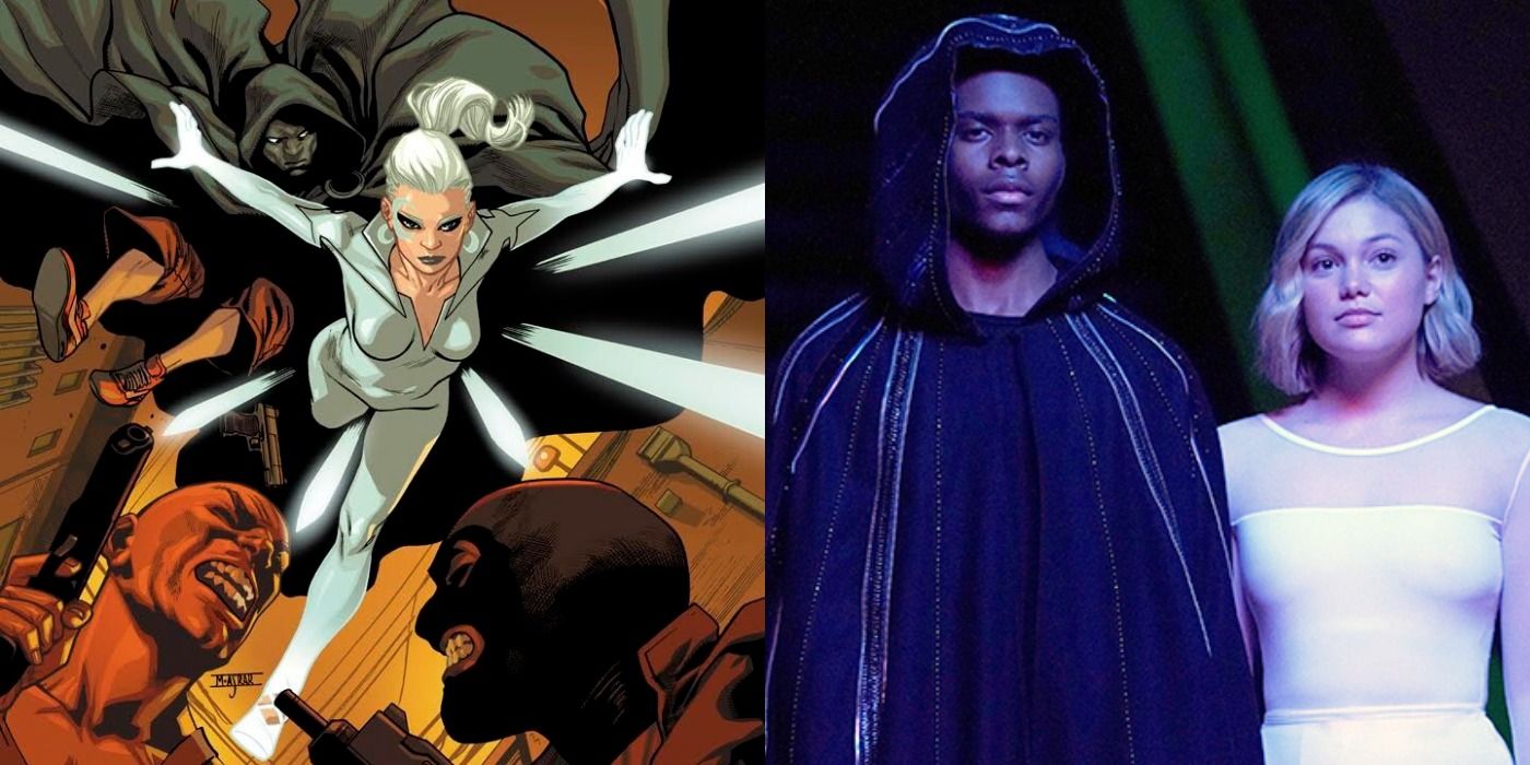 Split image of Cloak and Dagger attacking criminals, and Aubrey Joseph and Olivia Holt as the duo in the TV series