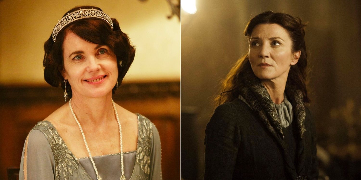 Cora wearing a headpiece and pearls in Downton Abbey and Catelyn looking over her shoulder in Game of Thrones