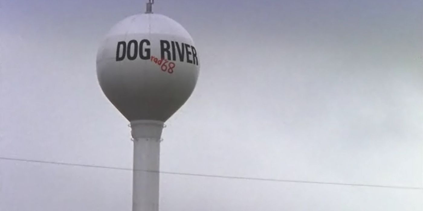 A water tower against a cloudy sky in Corner Gas