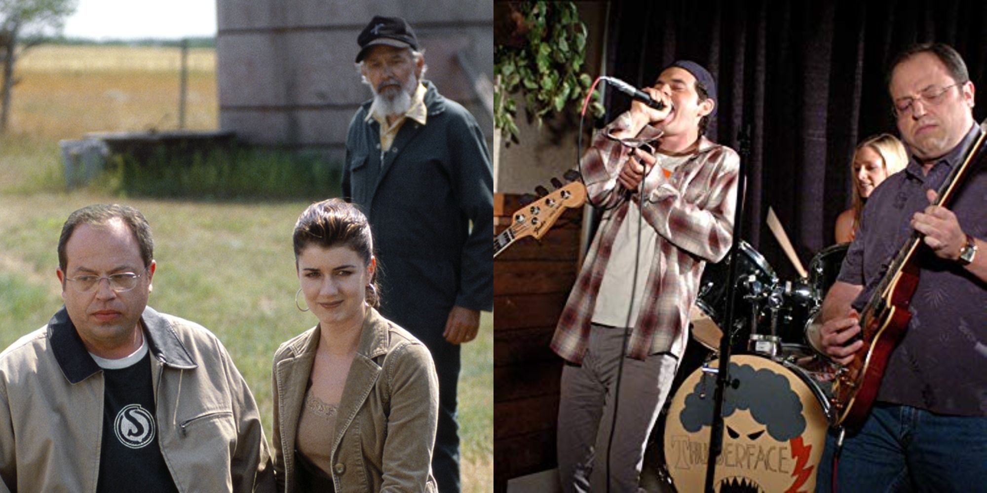 Split image showing two characters talking and a band performing on stage in Corner Gas