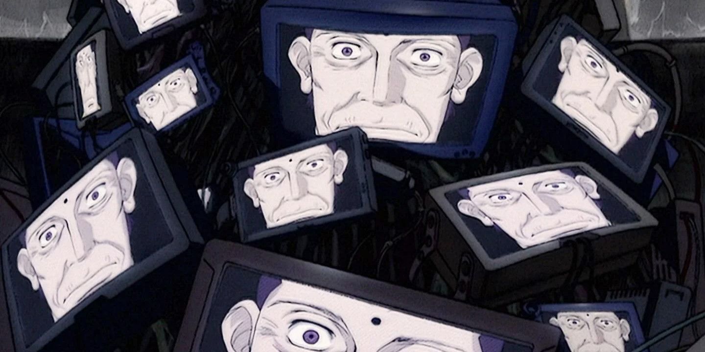 Várias TVs mostram a imagem de um homem de cabelos brancos em Cowboy Bebop.