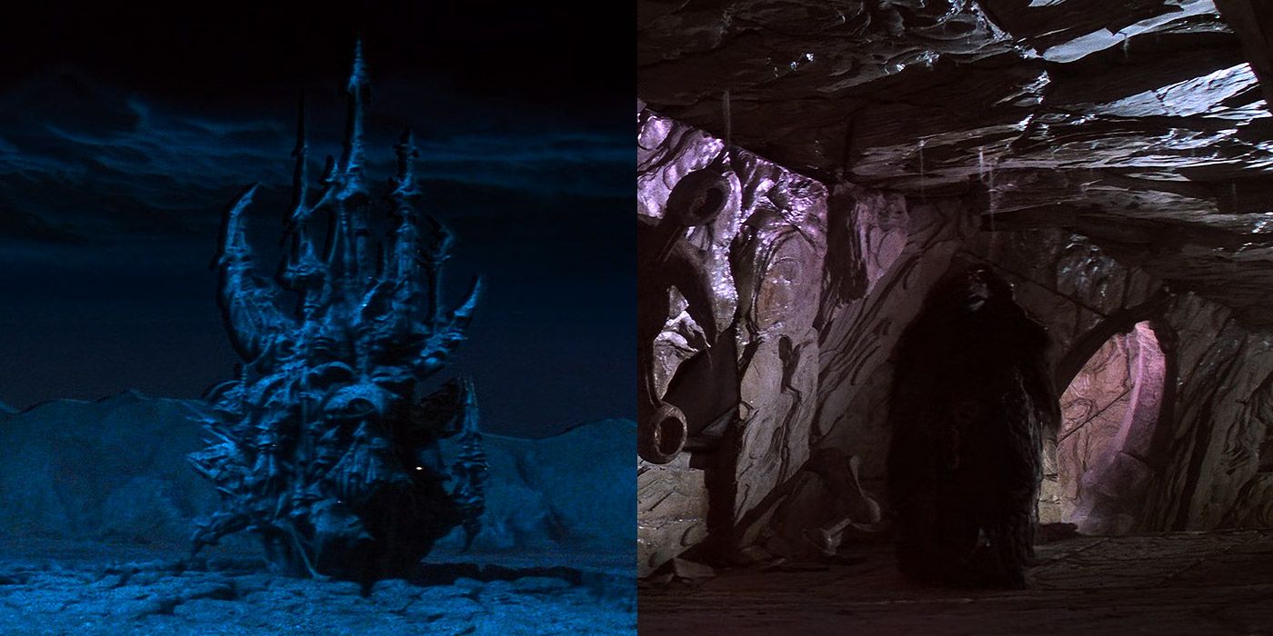 Exterior and interior shots of the Skeksis' Crystal Castle in The Dark Crystal