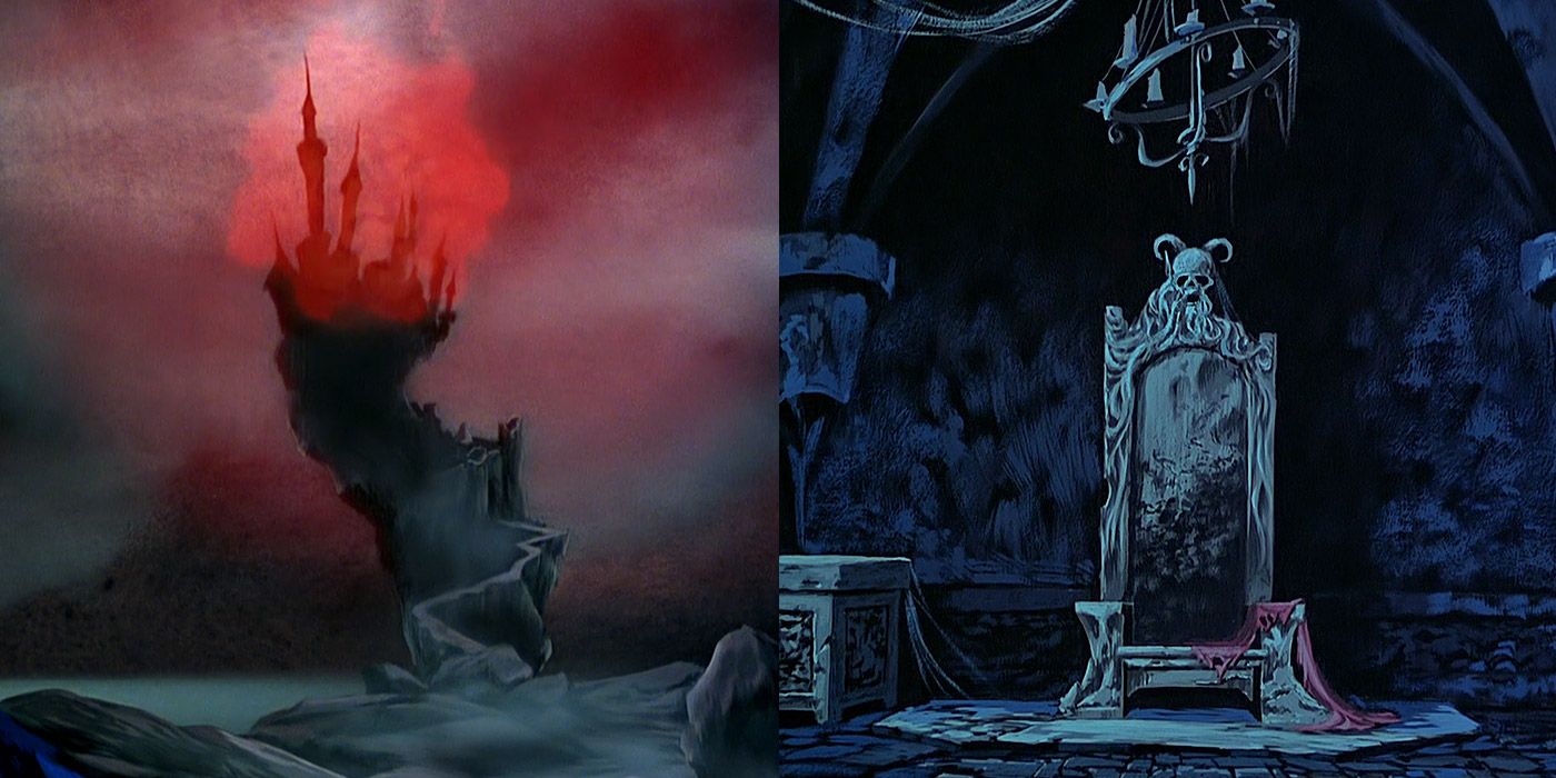 Exterior and interior of King Haggard's castle in The Last Unicorn
