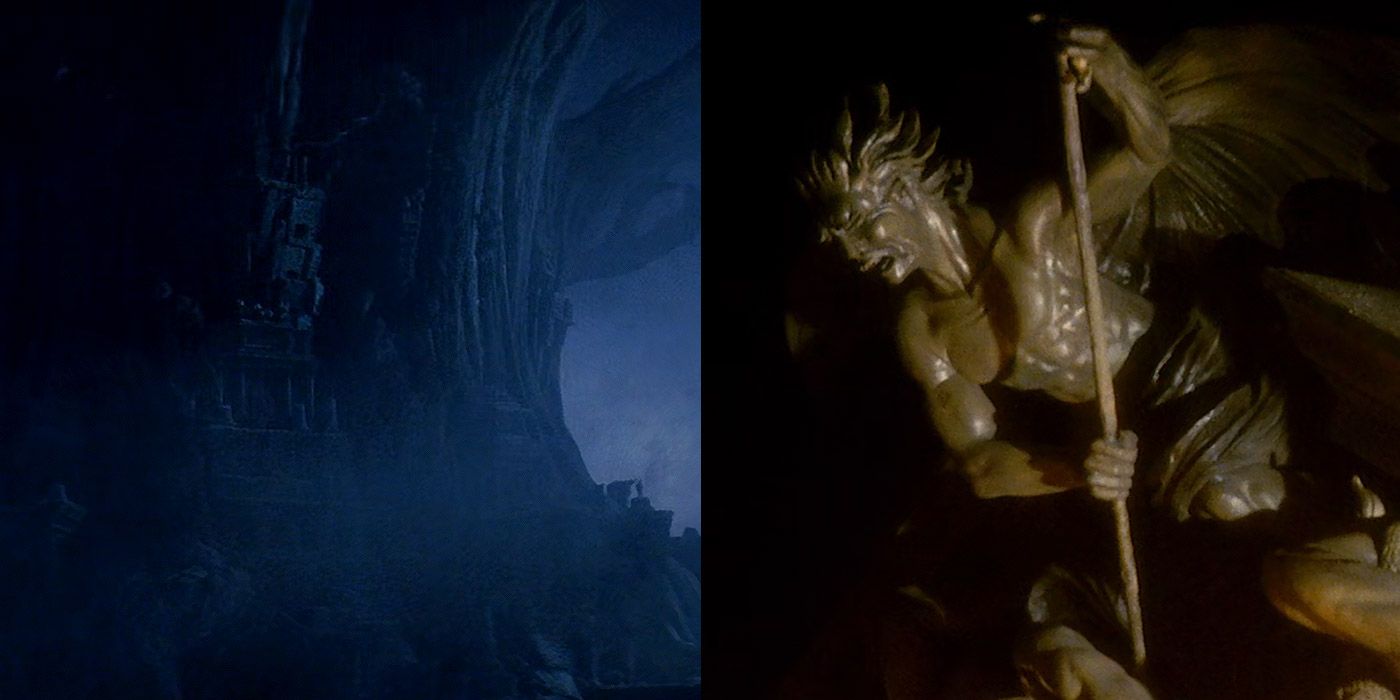 Split image of the exterior and interior of Darkness's castle in Legend