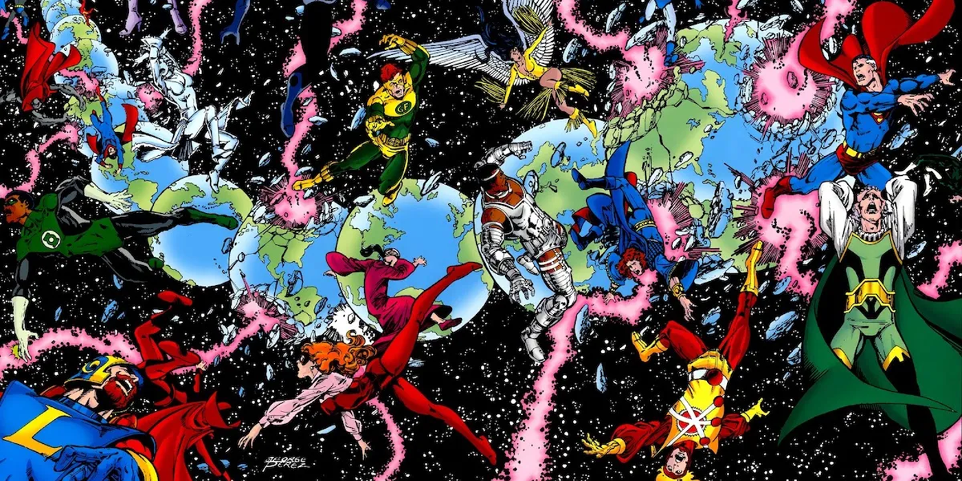Many versions of characters fight in Crisis on Infinite Earths by George Perez.